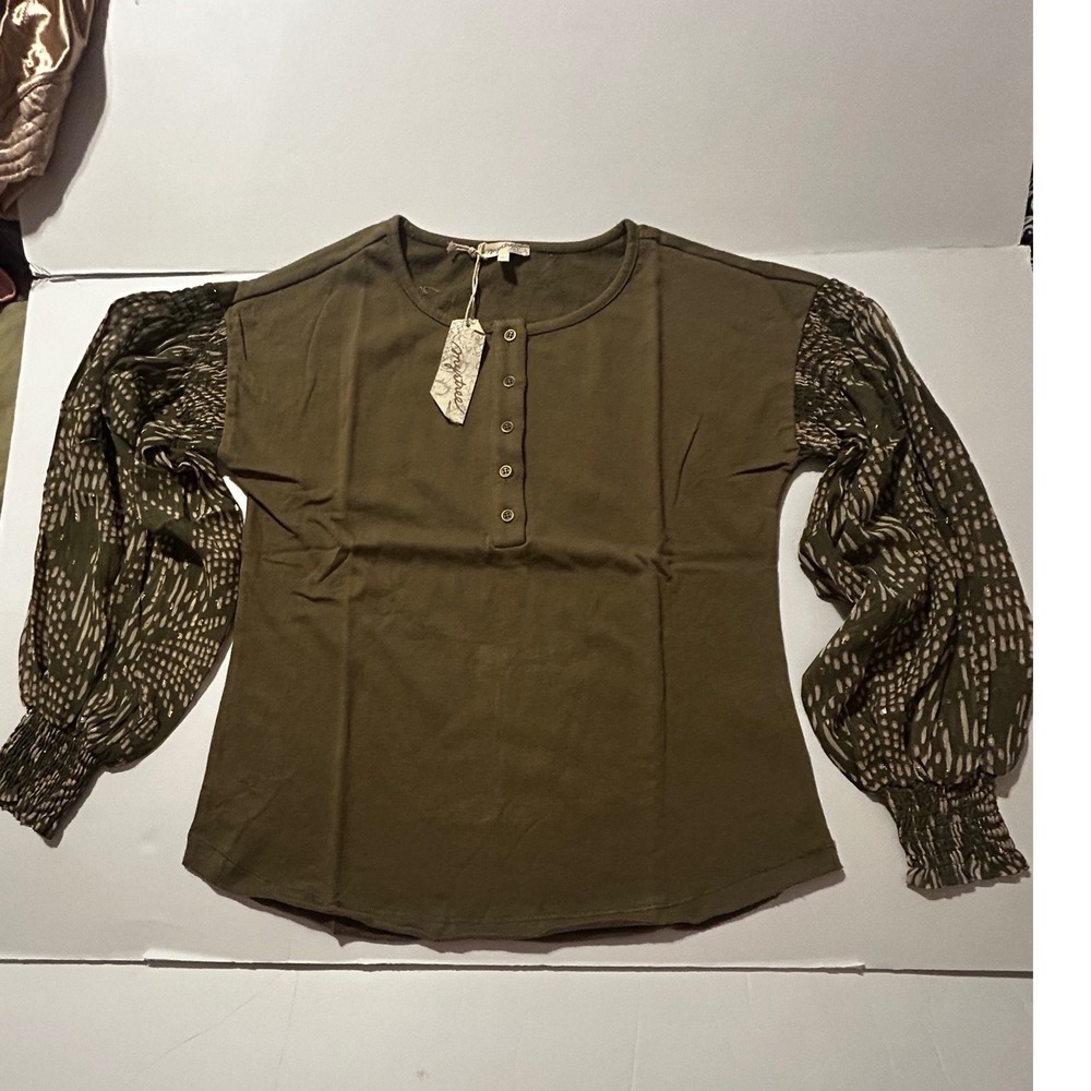 Mystree Olive Green Henley Top Metallic Dotted Balloon Sleeve Sm New Peasant